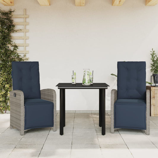 Bistro Set Grey PE rattan 2-Seater Adjustable Footrests