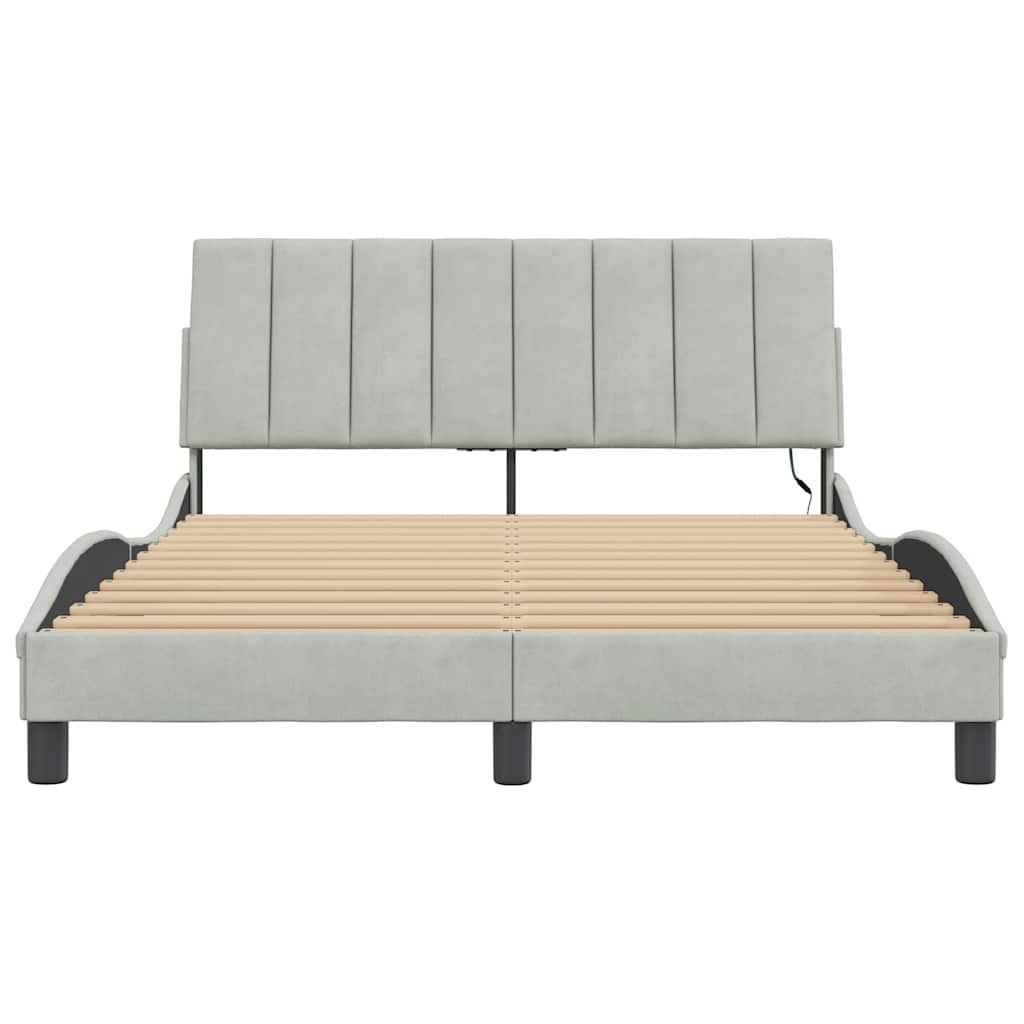 Bed Frame Light Grey Velvet, Metal, Solid Pine Wood, Plywood