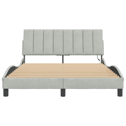 Bed Frame Light Grey Velvet, Metal, Solid Pine Wood, Plywood