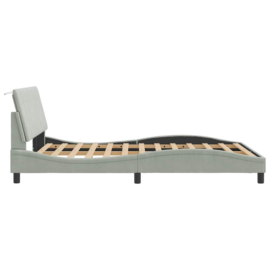 Bed Frame Light Grey Velvet, Metal, Solid Pine Wood, Plywood