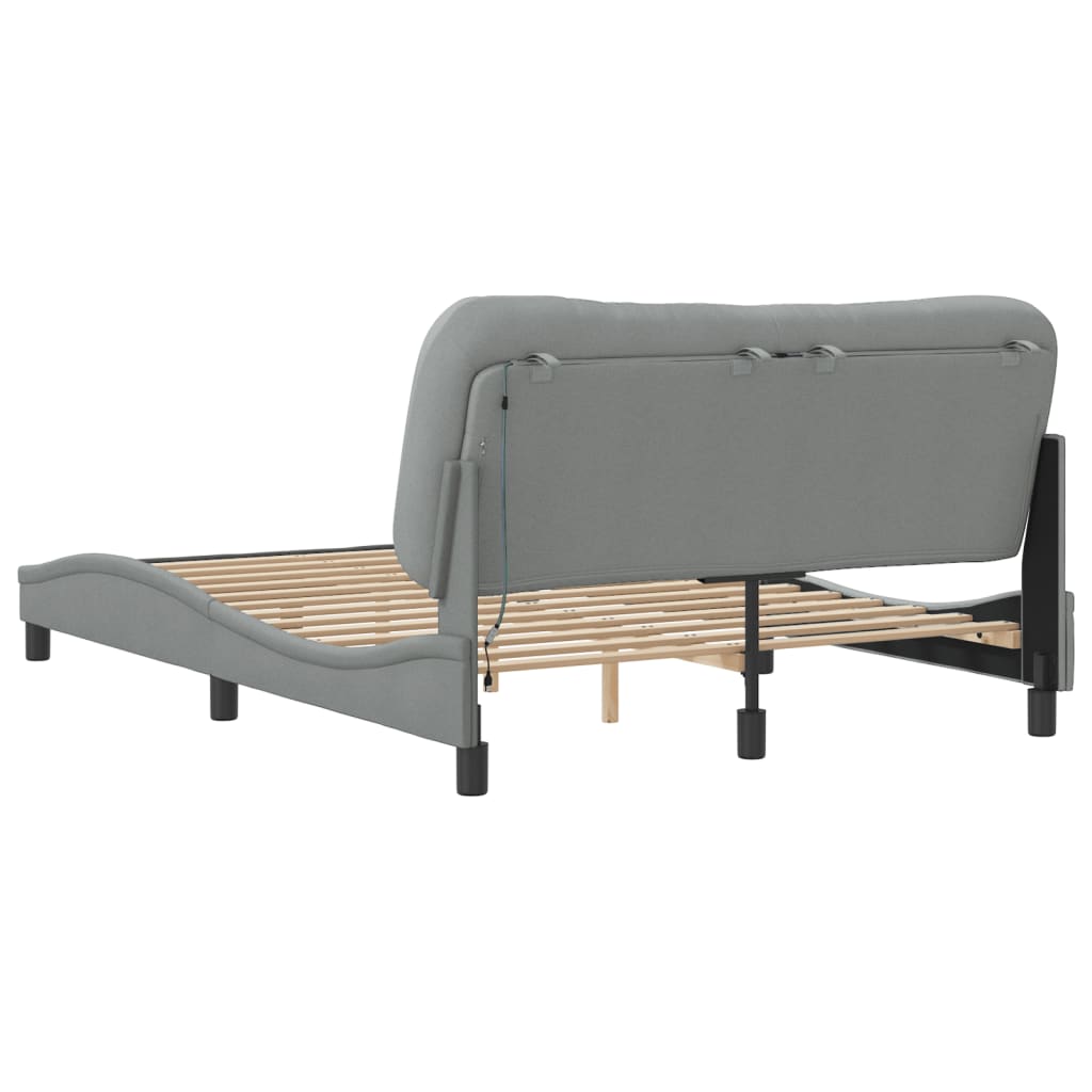 Bed Frame Light grey 100% polyester, metal, solid pine wood, plywood