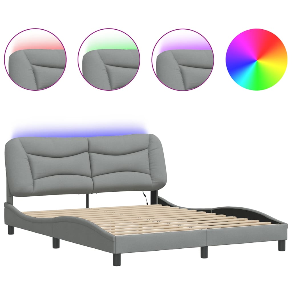 Bed Frame with LED without Mattress "Hvar" Light Gray 59.8"x79.9" Fabric