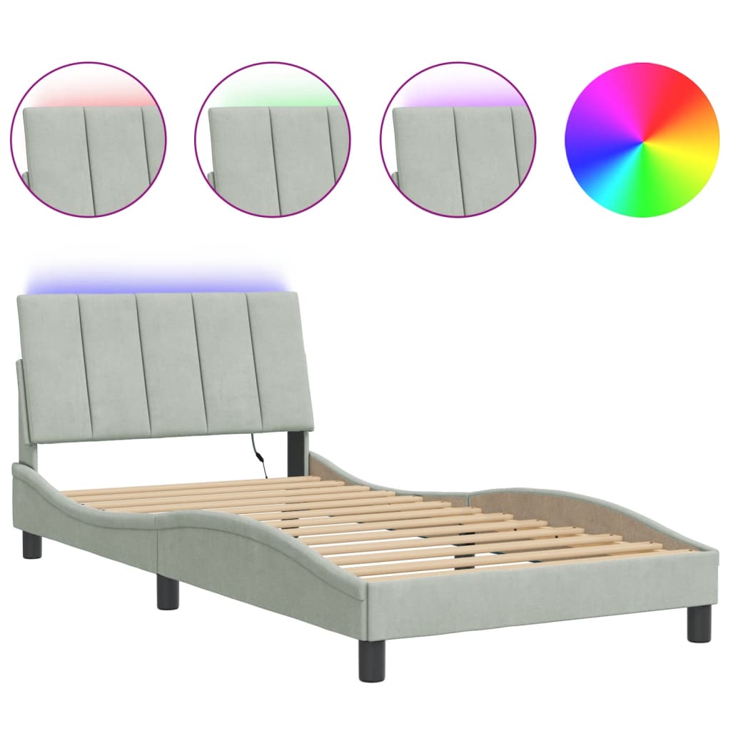 Bed Frame with LED without Mattress "Hanko" Light Gray 39.4"x79.9" Velvet