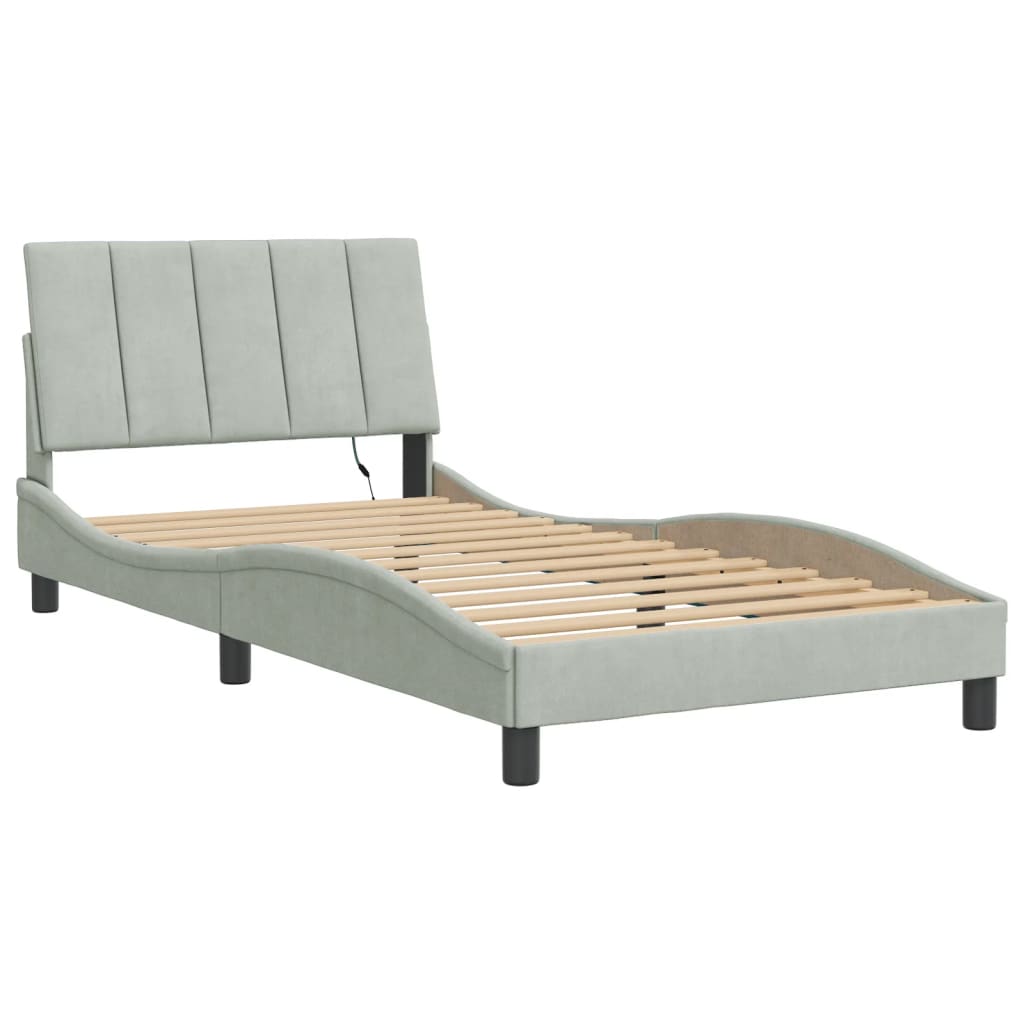 Bed Frame with LED without Mattress "Hanko" Light Gray 39.4"x79.9" Velvet