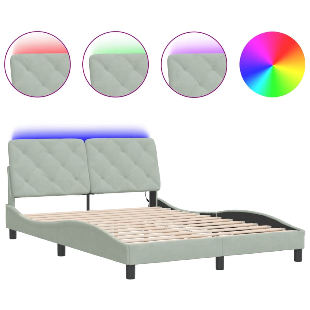 Bed Frame with LED without Mattress "Hanko" Light Gray 53.9"x74.8" Velvet