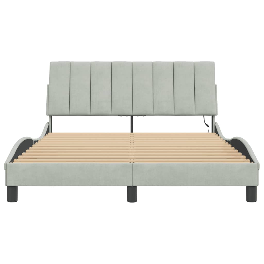 Bed Frame with LED without Mattress "Hanko" Light Gray 53.9"x74.8" Velvet