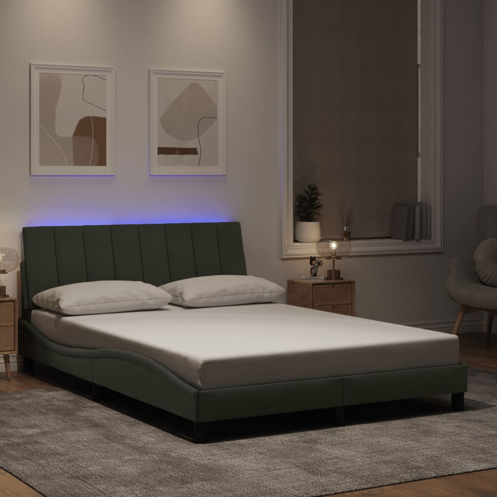 Bed Frame with LED without Mattress "Hanko" Light Gray 53.9"x74.8" Velvet