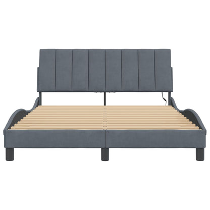 Bed Frame with LED without Mattress "Hanko" Dark Gray 53.9"x74.8" Velvet