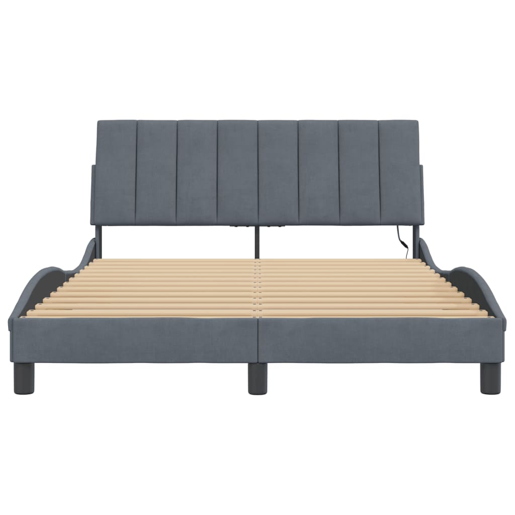 Bed Frame with LED without Mattress "Hanko" Dark Gray 53.9"x74.8" Velvet
