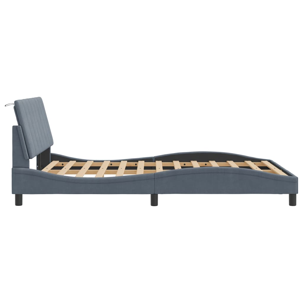 Bed Frame with LED without Mattress "Hanko" Dark Gray 53.9"x74.8" Velvet