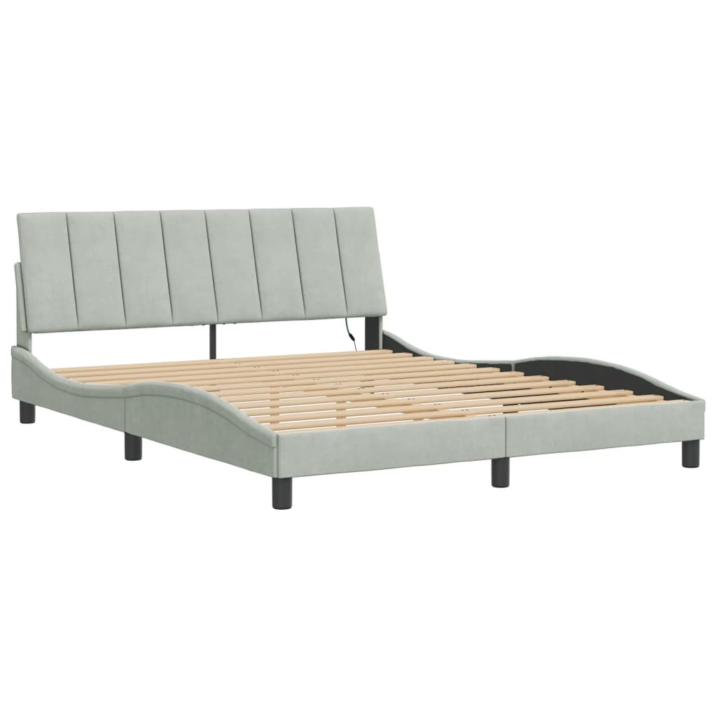 Bed Frame with LED without Mattress "Hanko" Light Gray 59.8"x79.9" Velvet