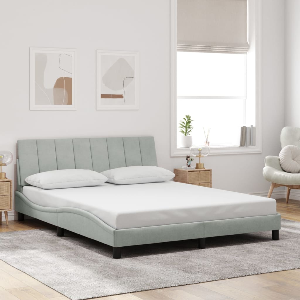 Bed Frame with LED without Mattress "Hanko" Light Gray 59.8"x79.9" Velvet