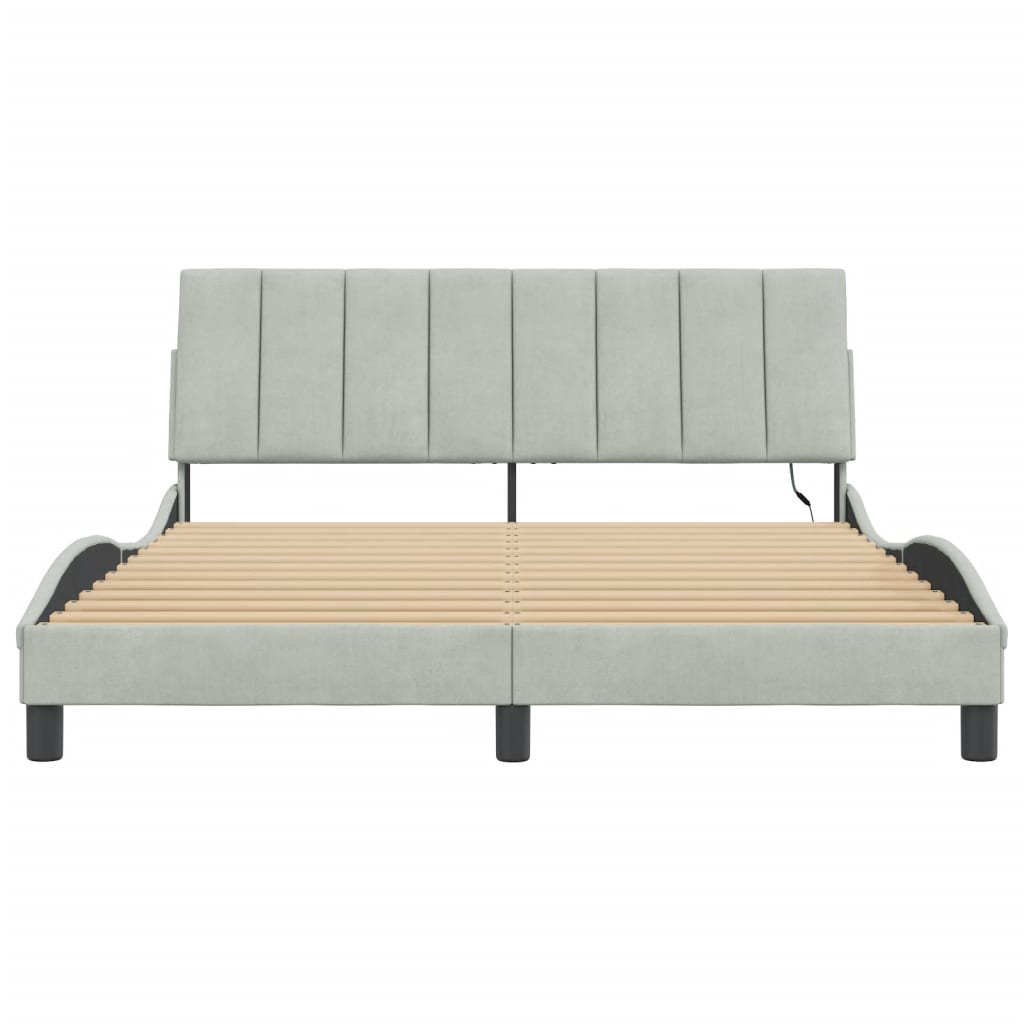 Bed Frame with LED without Mattress "Hanko" Light Gray 59.8"x79.9" Velvet