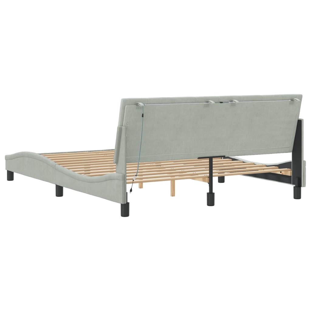 Bed Frame with LED without Mattress "Hanko" Light Gray 59.8"x79.9" Velvet