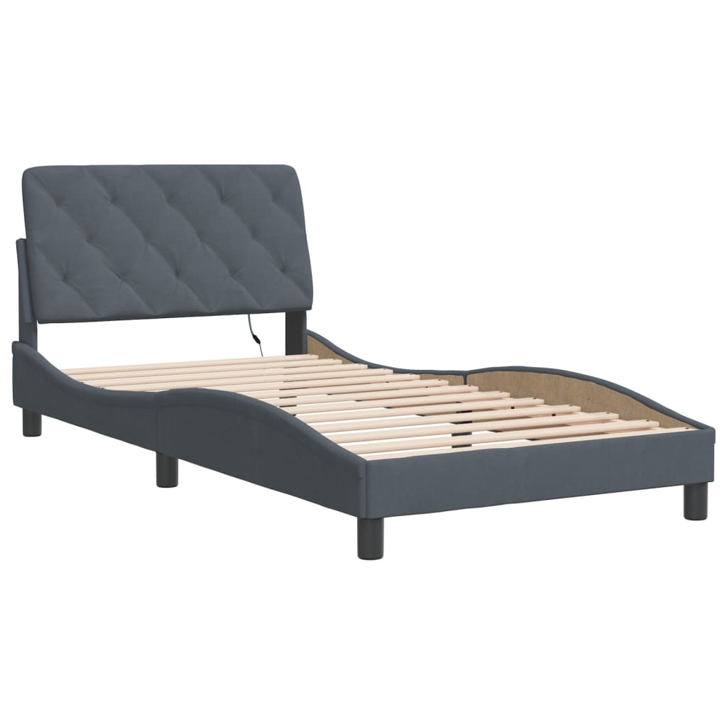 Bed Frame with LED without Mattress Dark Gray 39.4"x74.8" Velvet