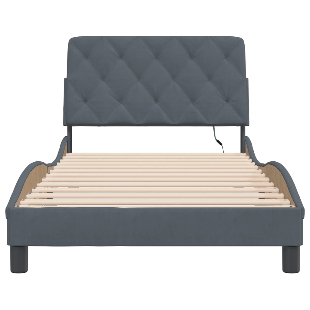 Bed Frame with LED without Mattress Dark Gray 39.4"x74.8" Velvet