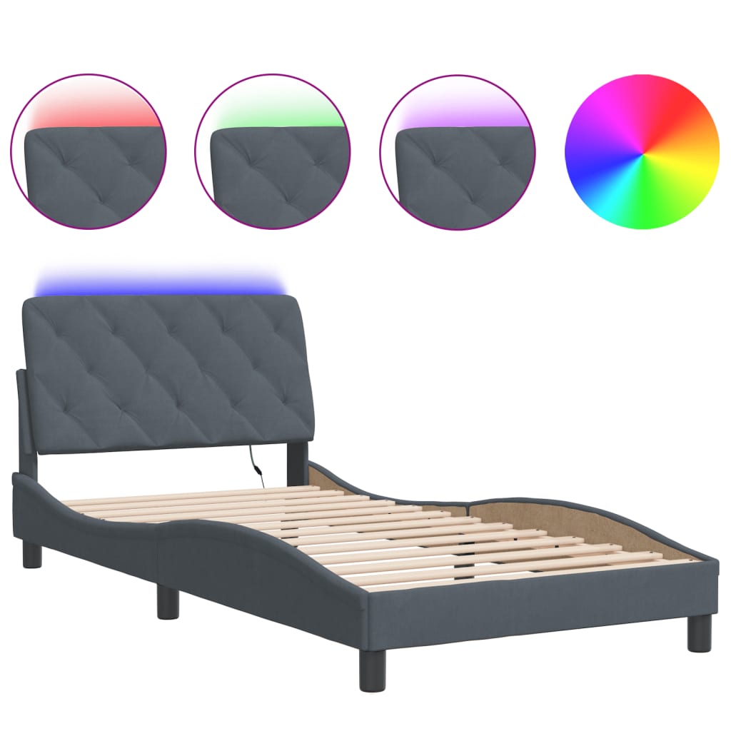 Bed Frame with LED without Mattress Dark Gray 39.4"x79.9" Velvet