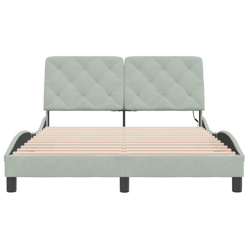 Bed Frame with LED without Mattress Light Gray 53.9"x74.8" Velvet