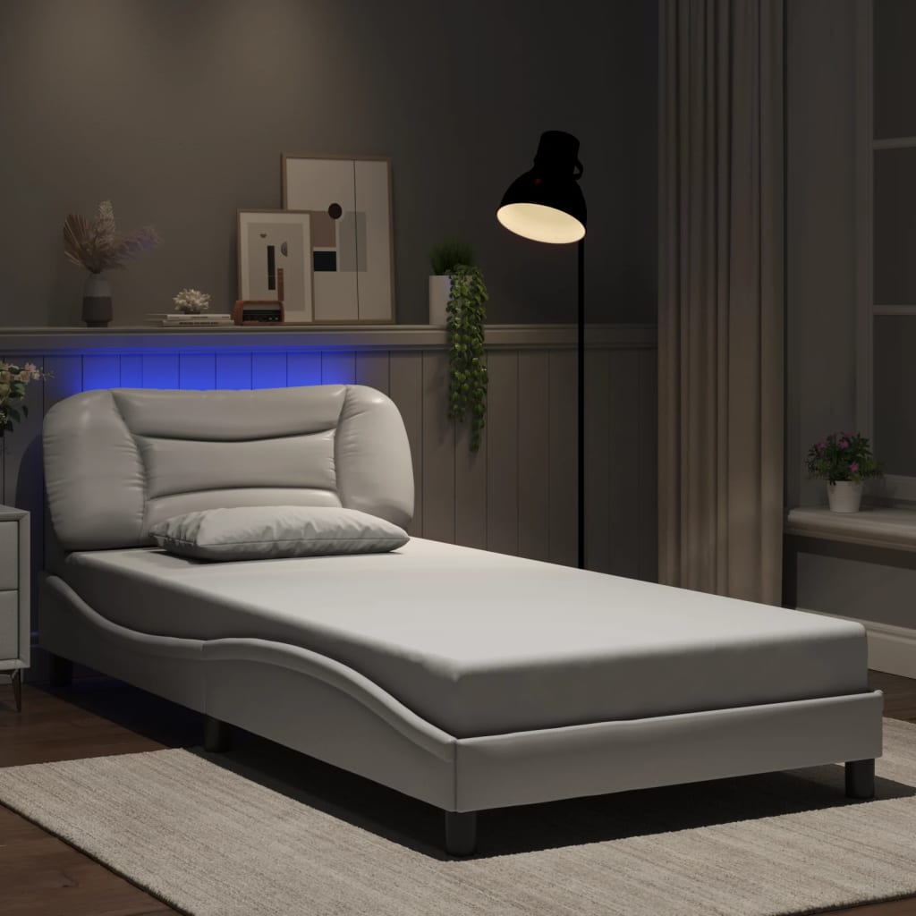 Bed Frame with LED without Mattress "Hvar" White 39.4"x74.8"