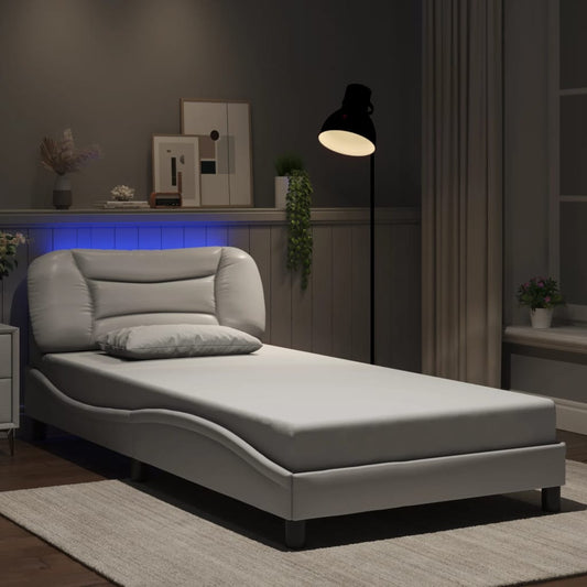 Bed Frame with LED without Mattress "Hvar" White 39.4"x74.8"