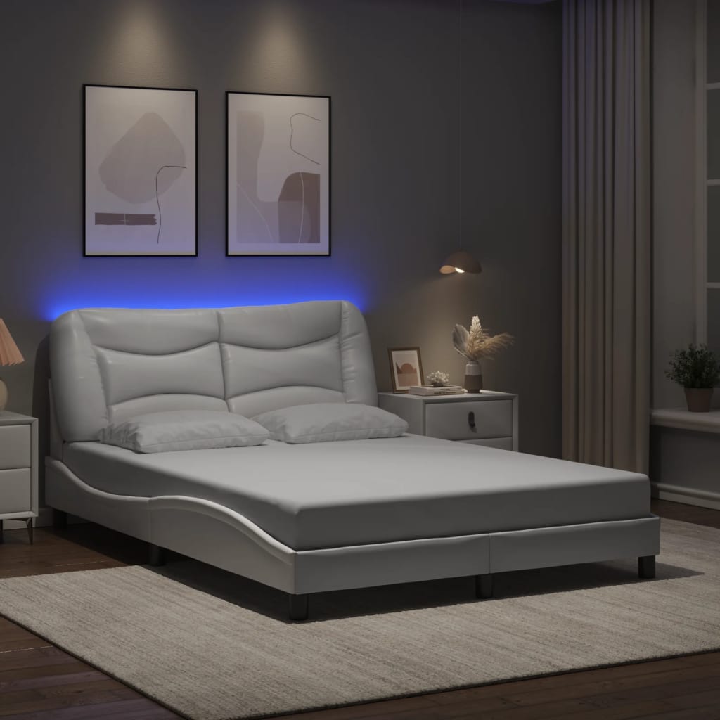 Bed Frame with LED without Mattress "Hvar" White 53.9"x74.8"