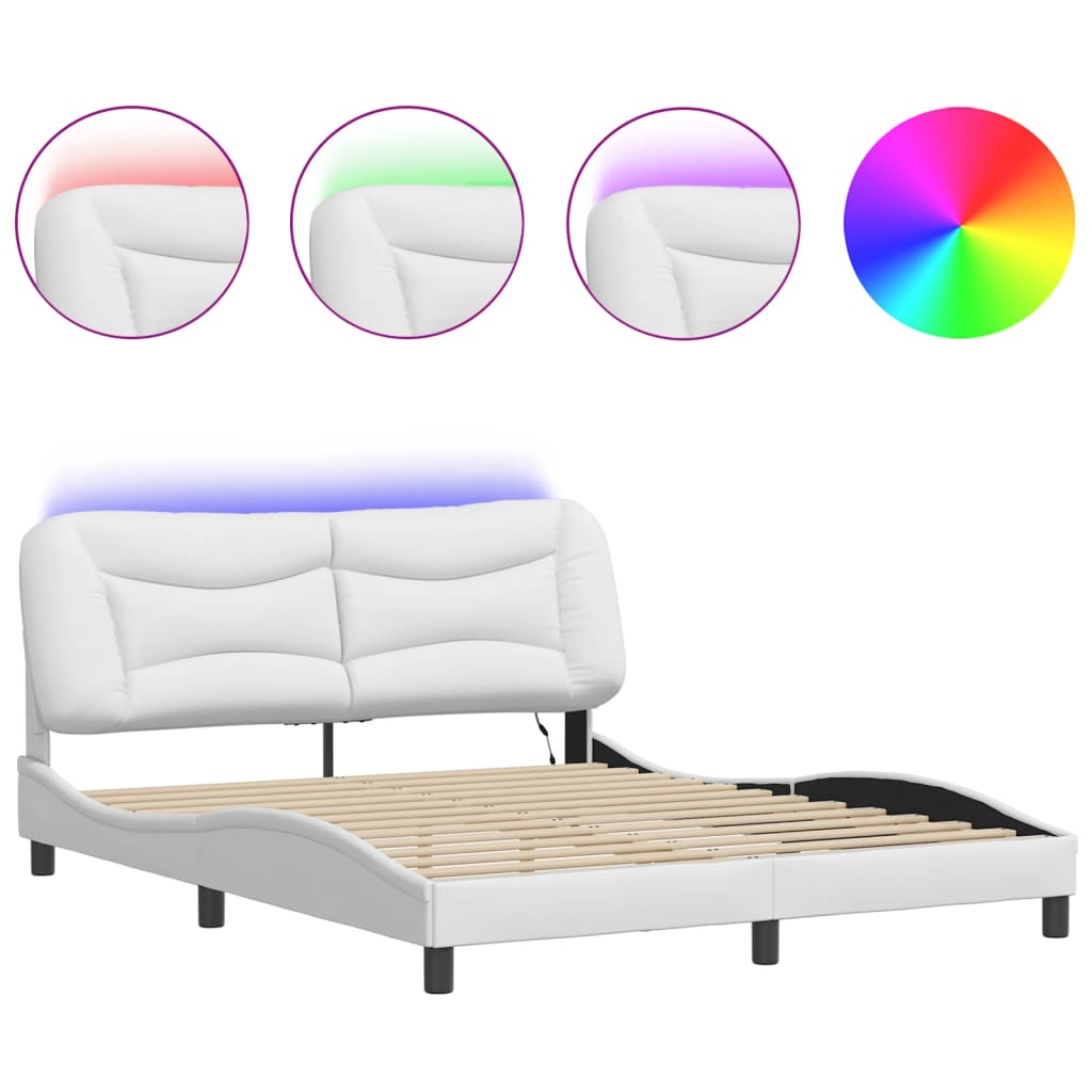 Bed Frame with LED without Mattress "Hvar" White 59.8"x79.9"