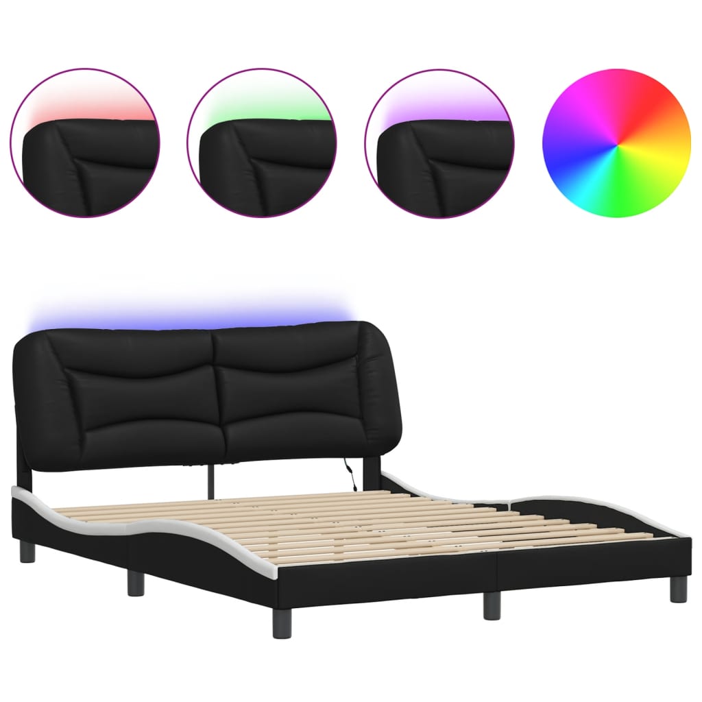 Bed Frame Black and White Faux leather, Metal, Pine Wood, Plywood