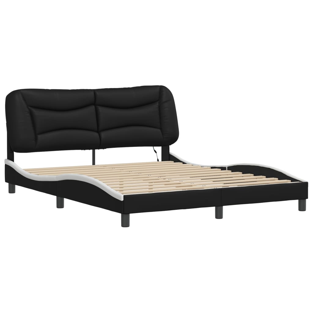 Bed Frame Black and White Faux leather, Metal, Pine Wood, Plywood
