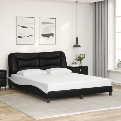 Bed Frame Black and White Faux leather, Metal, Pine Wood, Plywood