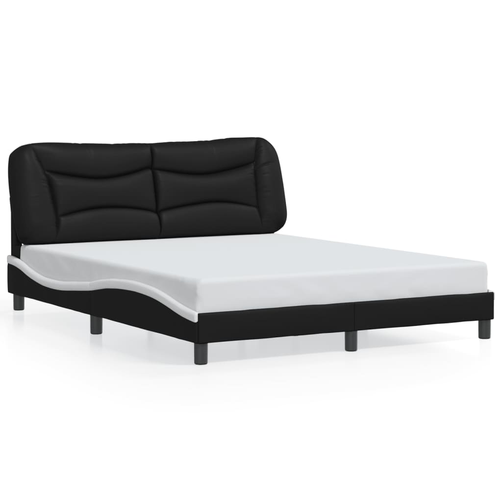 Bed Frame Black and White Faux leather, Metal, Pine Wood, Plywood