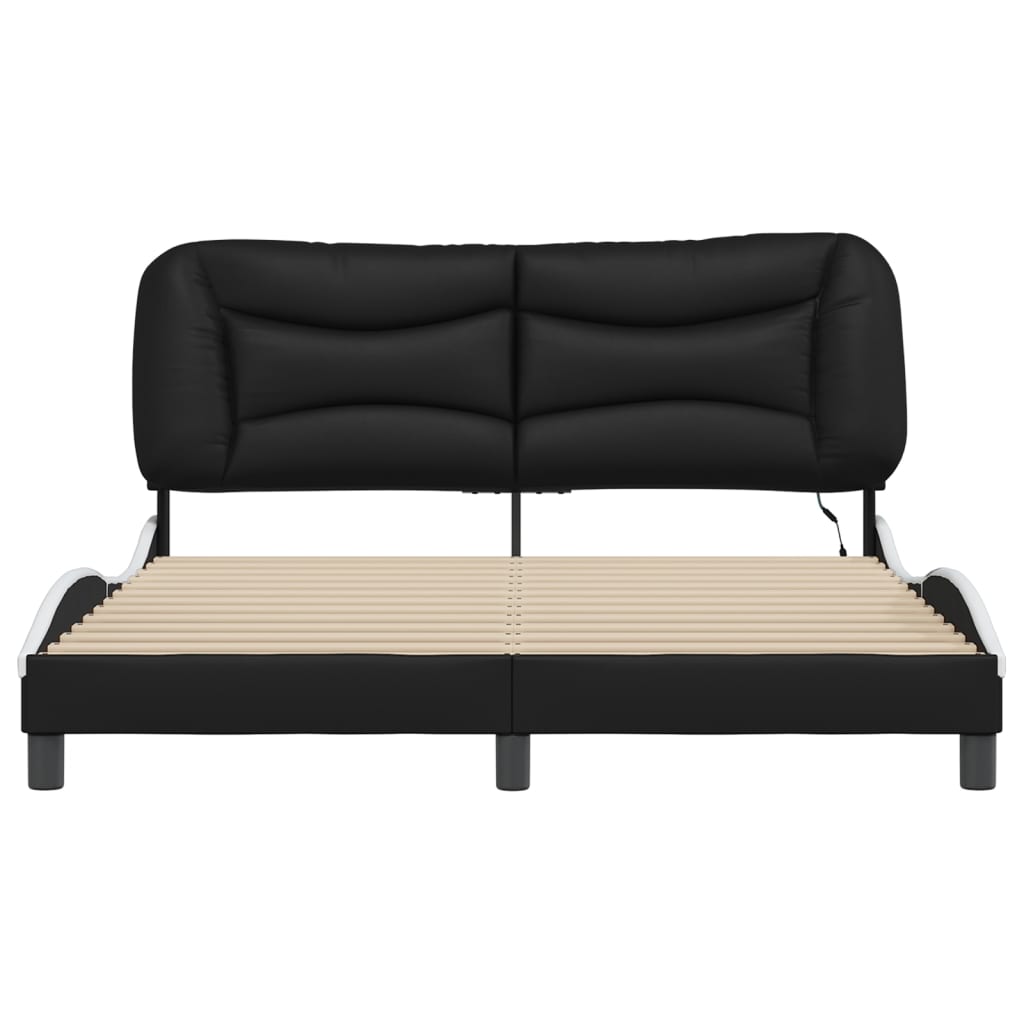 Bed Frame Black and White Faux leather, Metal, Pine Wood, Plywood