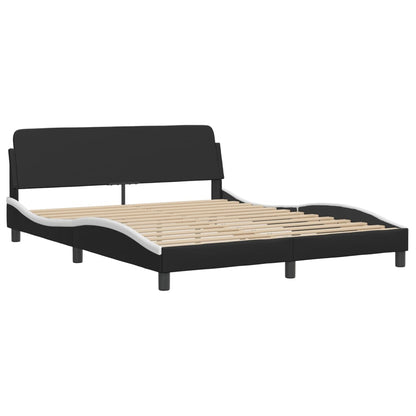 Bed Frame Black and White Faux leather, Metal, Pine Wood, Plywood