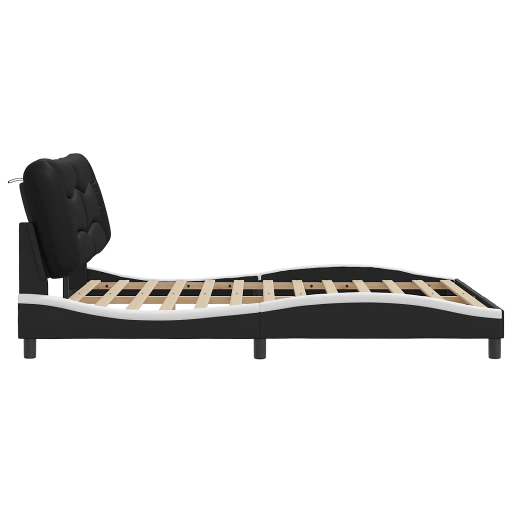 Bed Frame Black and White Faux leather, Metal, Pine Wood, Plywood