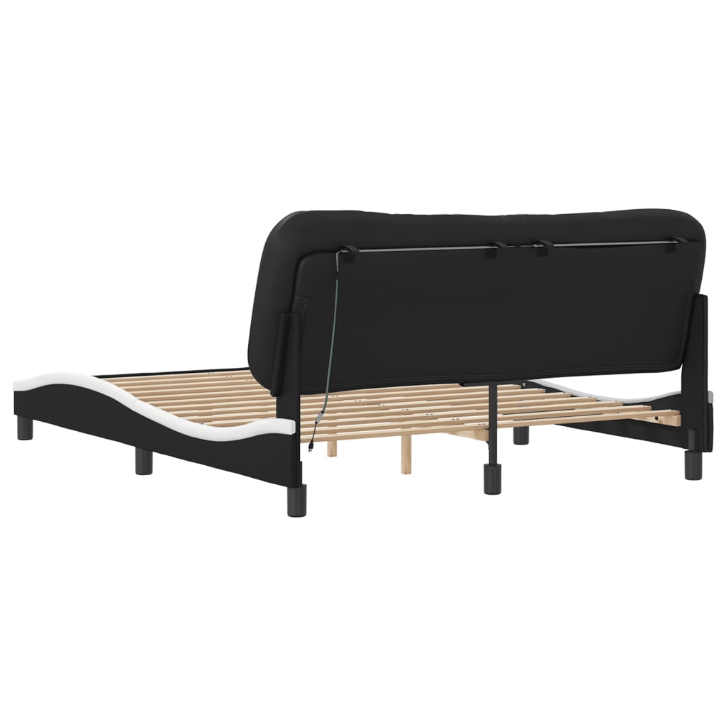 Bed Frame Black and White Faux leather, Metal, Pine Wood, Plywood