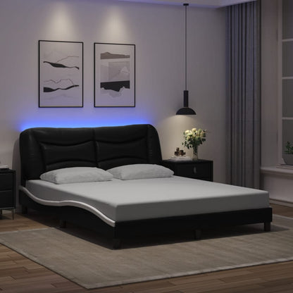 Bed Frame Black and White Faux leather, Metal, Pine Wood, Plywood