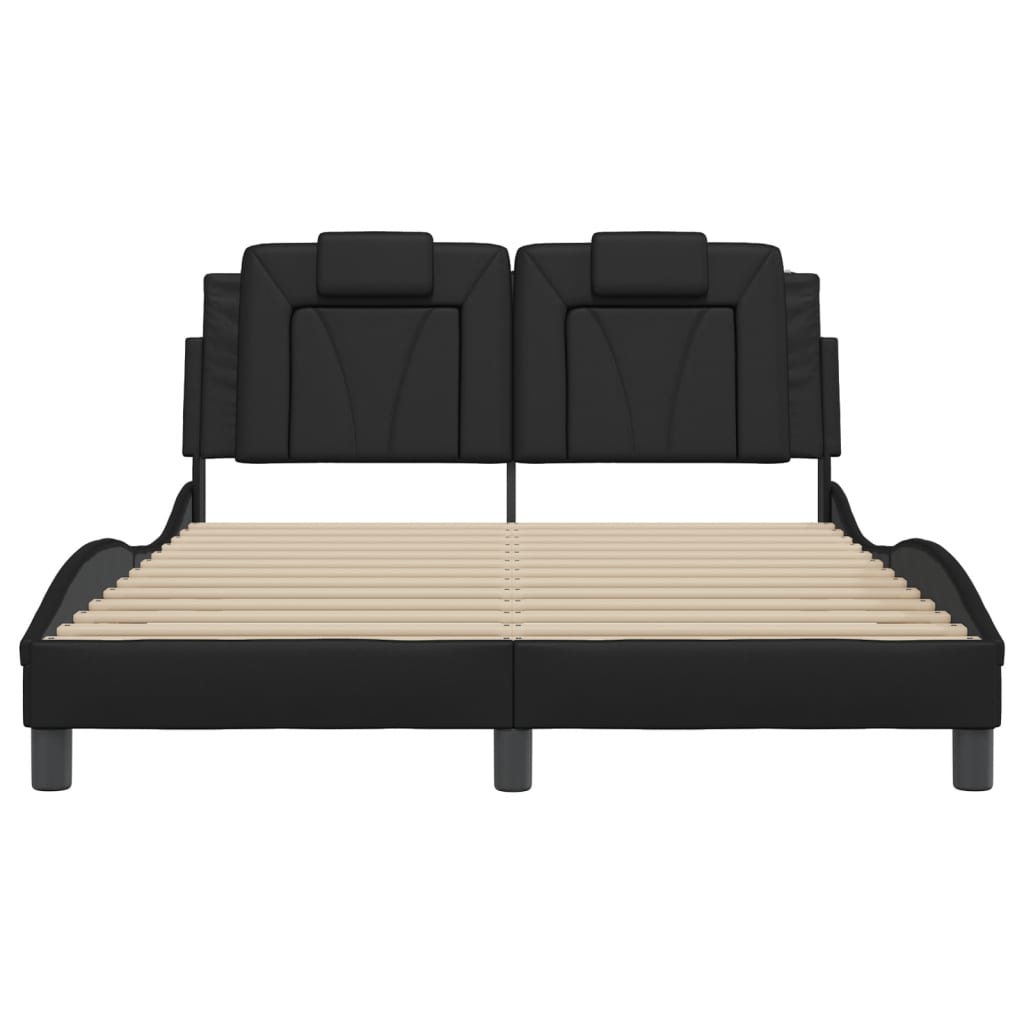 Bed Frame Black Faux leather, metal, solid pine wood, plywood
