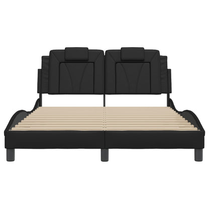 Bed Frame Black Faux leather, metal, solid pine wood, plywood