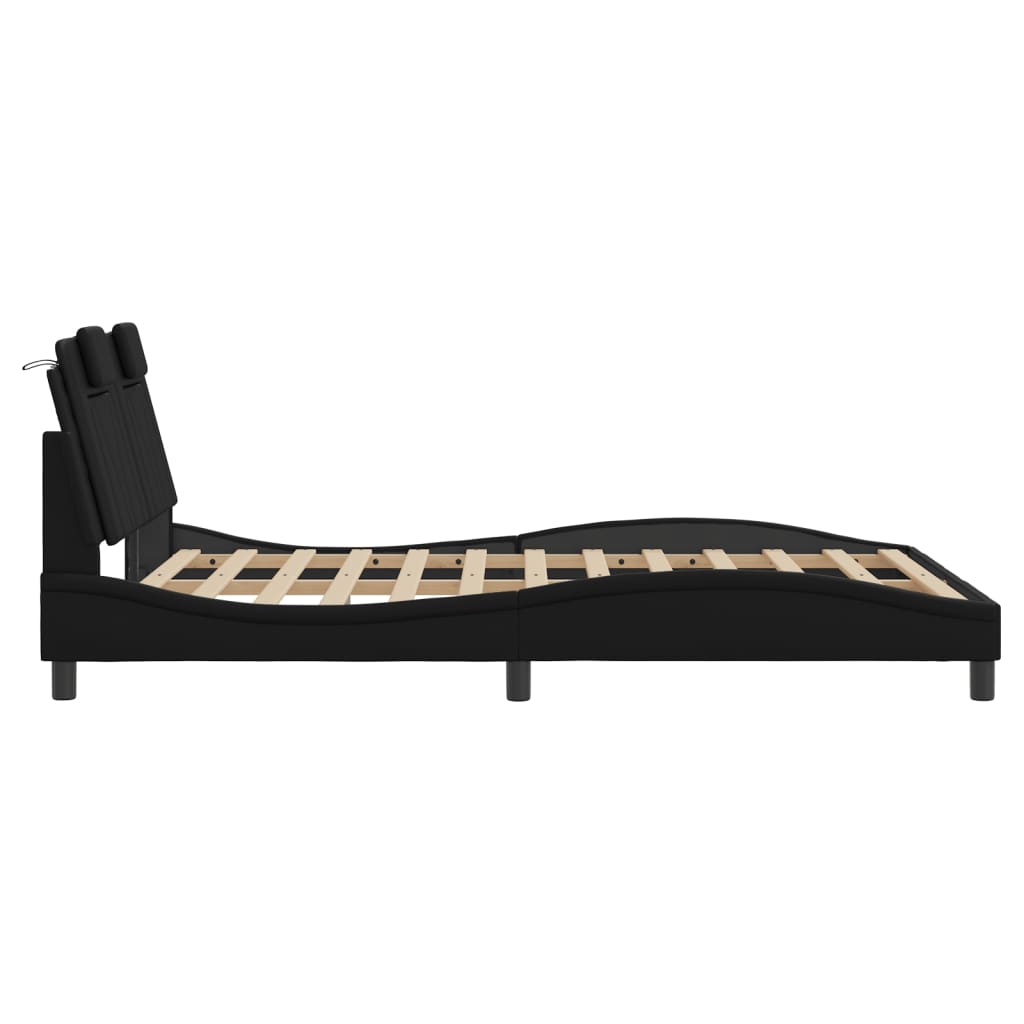 Bed Frame Black Faux leather, metal, solid pine wood, plywood