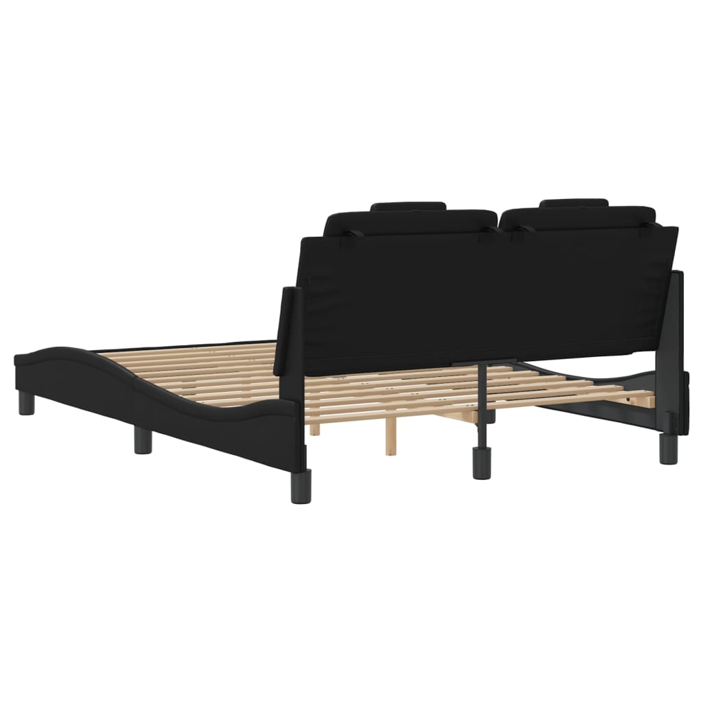 Bed Frame Black Faux leather, metal, solid pine wood, plywood
