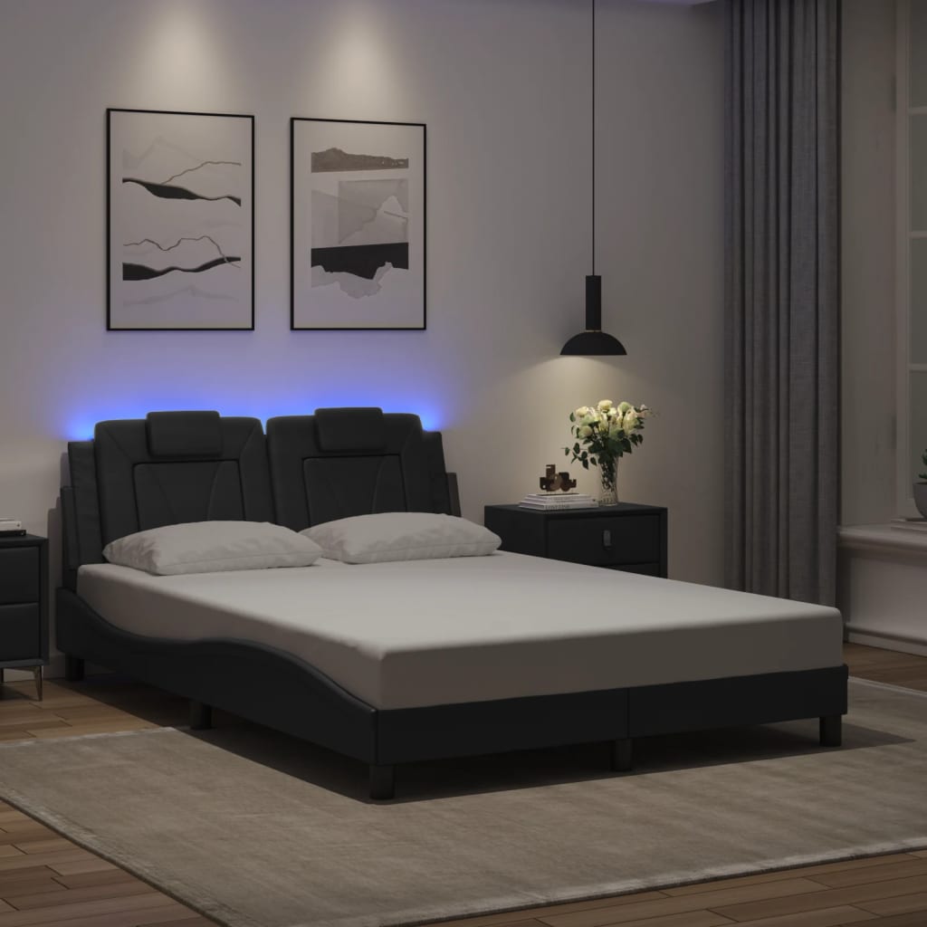 Bed Frame Black Faux leather, metal, solid pine wood, plywood
