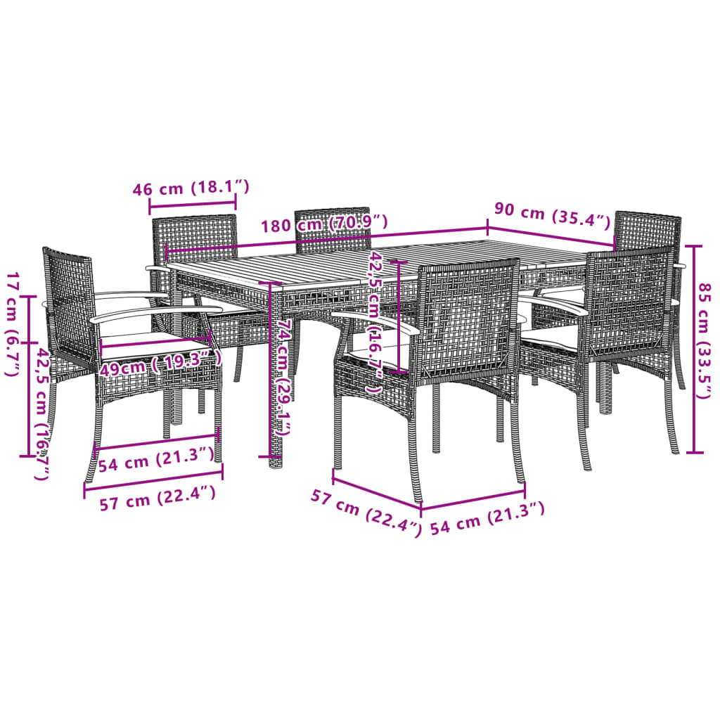 Patio Dining Set Set of 6 Grey PE Rattan Large Removable Covers