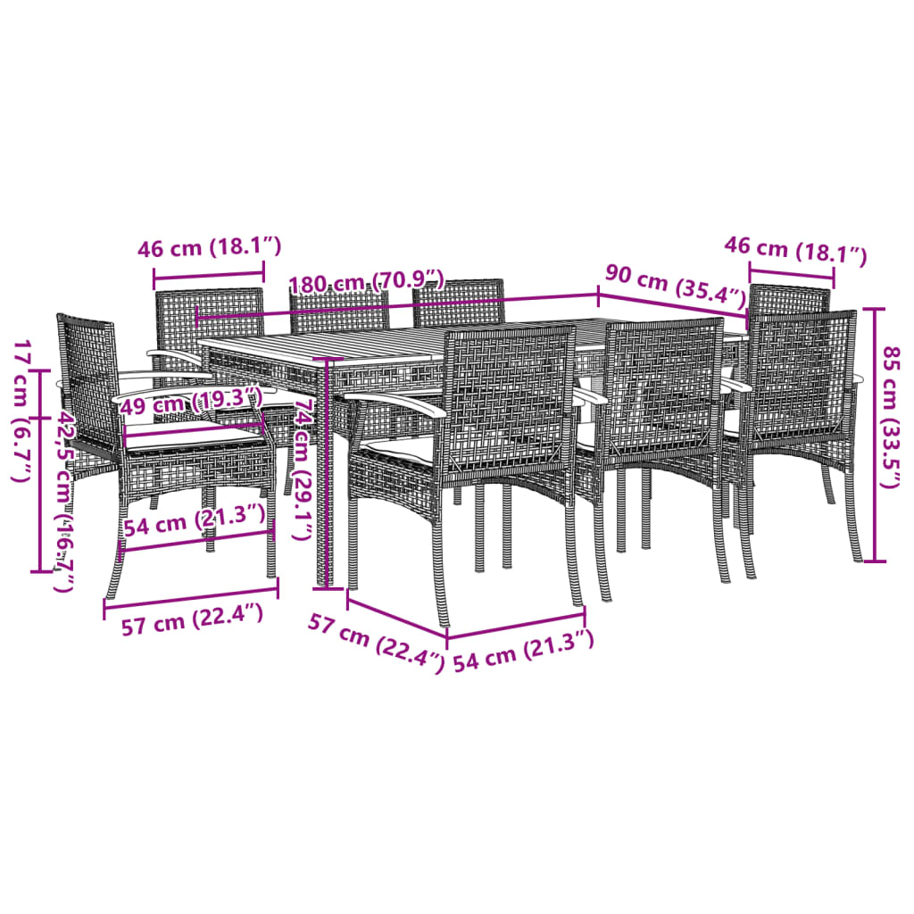 Patio Dining Set Set of 8 Gray PE Rattan 9 Piece Set