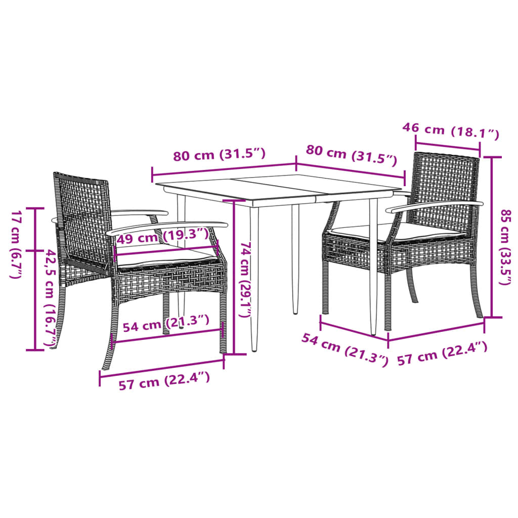 Patio Dining Set Set of 2 Gray PE rattan Compact Modern