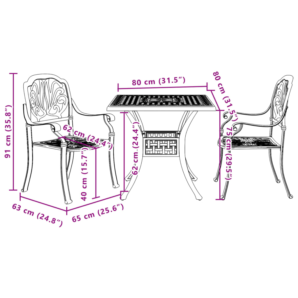 Bistro Set White Cast Aluminum Compact Durable Bistro Set