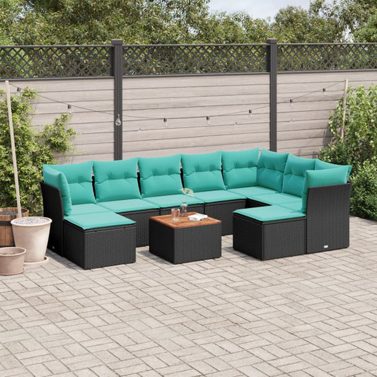 10 Piece Patio Sofa Set with Cushions Black Poly Rattan