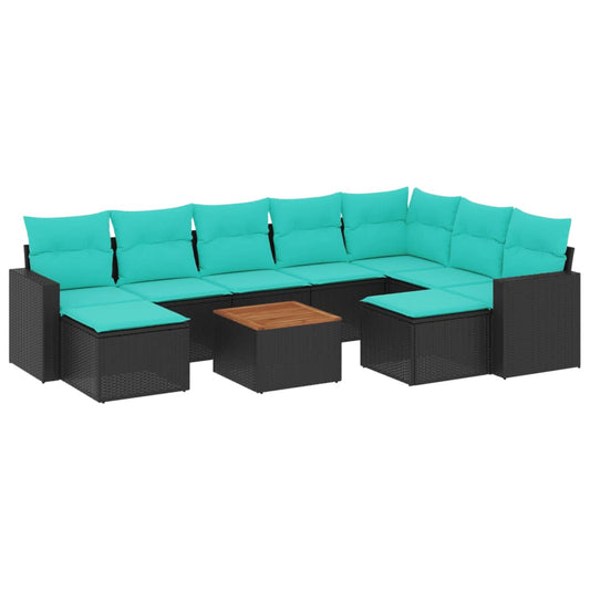 10 Piece Patio Sofa Set with Cushions Black Poly Rattan