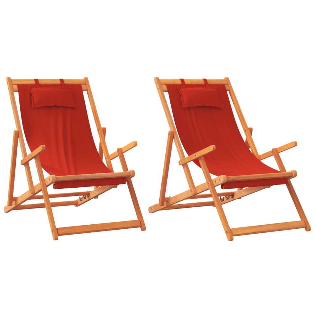 Folding Beach Chair Set of 2 Red Solid eucalyptus wood, Polyester