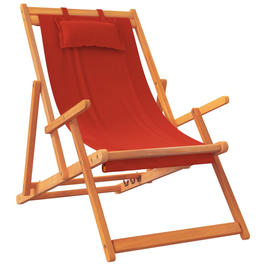 Folding Beach Chair Set of 2 Red Solid eucalyptus wood, Polyester