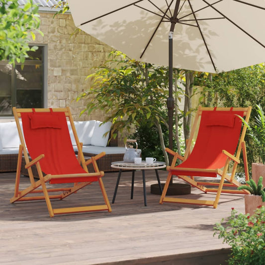 Folding Beach Chair Set of 2 Red Solid eucalyptus wood, Polyester