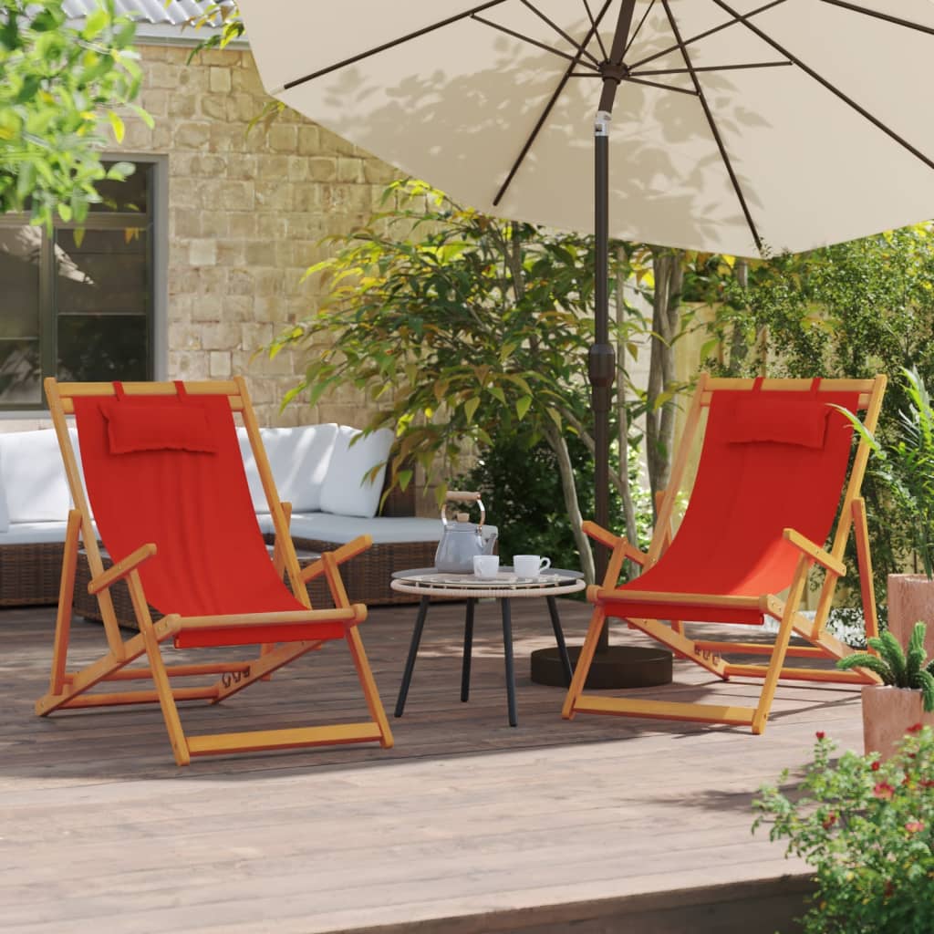 Folding Beach Chair Set of 2 Red Solid eucalyptus wood, Polyester
